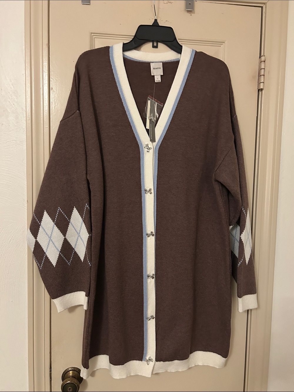 Anthropologie Brown Cardigan with White and Light Blue Trim